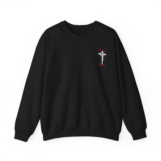 Crewneck Sweatshirt — Minimal Crucifix Graphic with 'Saved By Grace' Accent